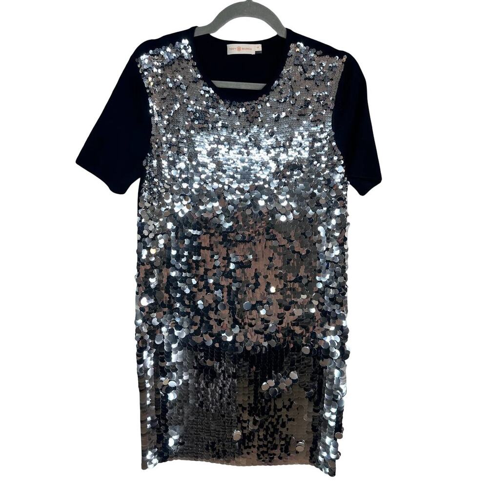 Tory Burch Silver Sequin Shirt Dress Black Knit S Short Sleeve Party Event - Picture 3 of 10